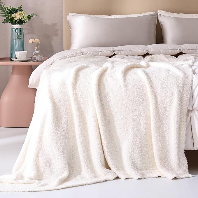 Panku Ultra Soft Cozy Knit Throw Blanket for Couch and Bed, Knitted Luxury Reversible Cozy Warm Fleece Blanket Throw, Plush Fluffy and Fuzzy Blankets for Gift (50x60inch, Cream)