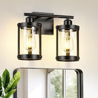 2-Light Black Bathroom Light Fixtures, 13.8 Inch Modern Bathroom Vanity Lighting Fixtures Over Mirror with Clear Glass and Metal Cage Wall Sconce Lights for Bath, E26, OS-3014BK-2W
