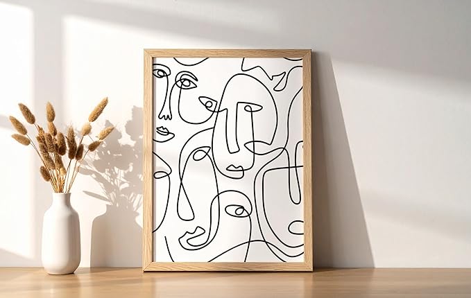 Abstract Face Pattern Wall Art Collage of Modern Faces Continuous Line Drawing 8x10 Inch Oak Wood Beige Framed Artistic Aesthetic Print for Living Room