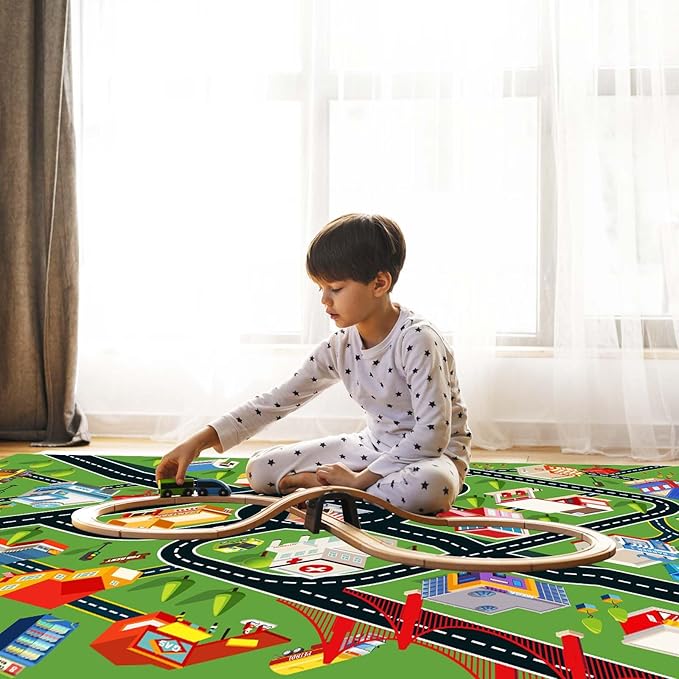 6'7"x9'10" Kids Rug Car Rugs for Kids Toy Cars Play Mat with Rubber Backing City Life Road Rug for Cars Fun City Map for Carpet for Bedroom Boys (RED-Rug)