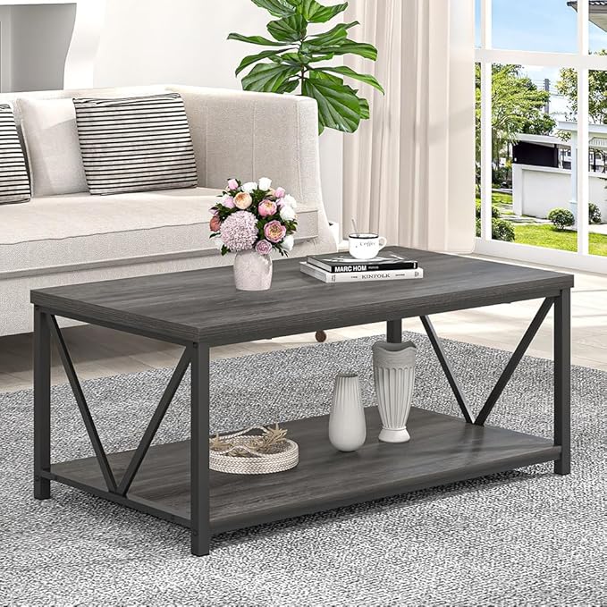 FOLUBAN Coffee Table with Storage, Modern Small Center Tables for Small Spaces, Rustic Wood and Metal Cocktail Table for Living Room, 39.3 Inch Dark Gray