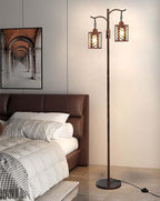 Industrial Vintage Dimmable Lamp, 2 Classical Lanterns Rustic Farmhouse Floor Lamp with Bronze Gold Finish, for Living Room Bedroom (Red Copper)