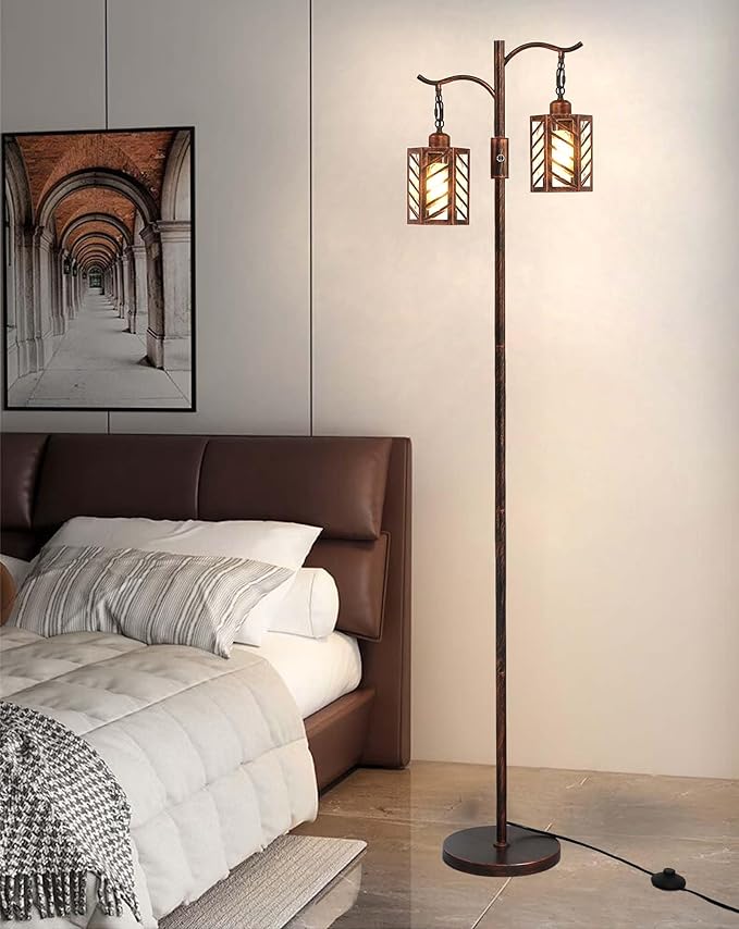 Industrial Vintage Dimmable Lamp, 2 Classical Lanterns Rustic Farmhouse Floor Lamp with Bronze Gold Finish, for Living Room Bedroom (Red Copper)
