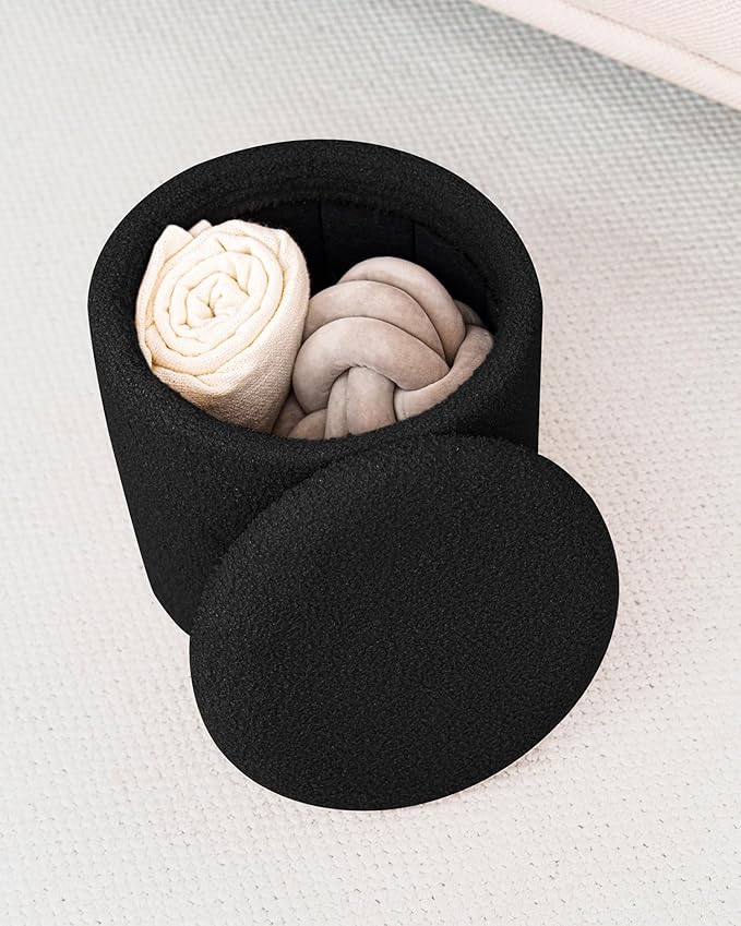 Round Ottoman with Storage, Boucle Foot Rest Stool with Reversible Tray Lid, Folding Teddy Ottoman Coffee Table for Dorm Living Room Bedroom Entryway, Black,13" x 13" x 13.8"