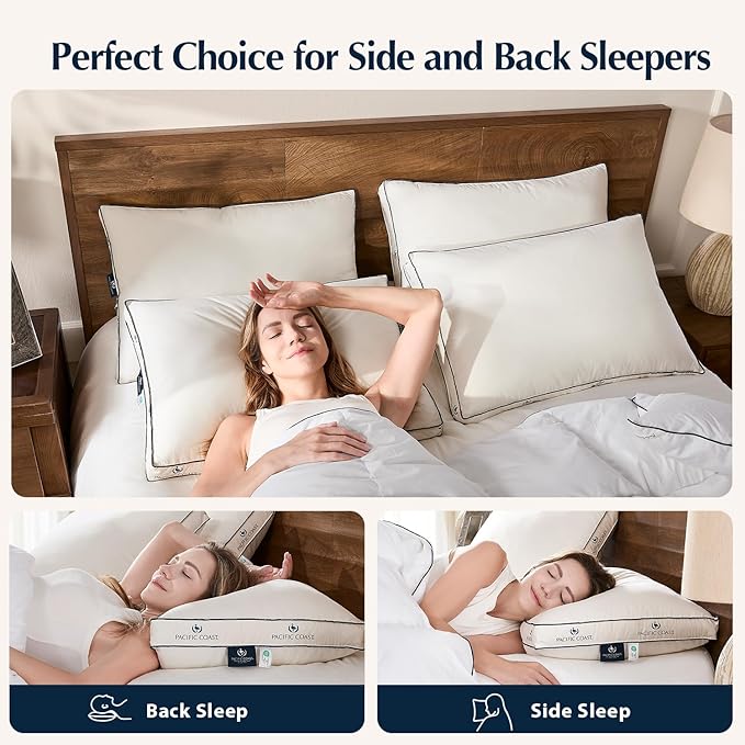 Pacific Coast Goose Firm Bed Pillows of Standard Size, 100% Organic Cotton Cover, Gusseted Design for Sleeping, Feather and Down Pillows of Hotel Collection