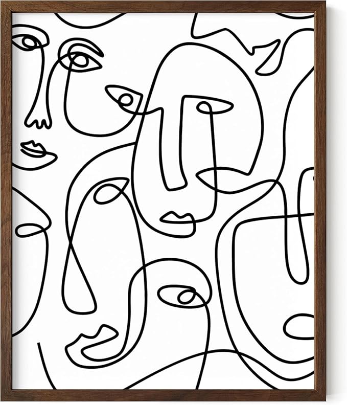 Abstract Face Pattern Wall Art Collage of Modern Faces Continuous Line Drawing 8x10 Inch Oak Wood Walnut Framed Artistic Aesthetic Print for Living Room