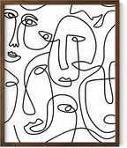 Abstract Face Pattern Wall Art Collage of Modern Faces Continuous Line Drawing 8x10 Inch Oak Wood Walnut Framed Artistic Aesthetic Print for Living Room