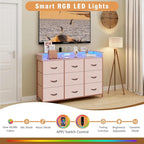 EXOTICA Pink Dresser with LED Light for Girls Bedroom 9 Drawer Dressers with Charging Station Chests of Drawers for Living Room Entryway Closet Hallway Sturdy Steel Frame Wooden Top Easy Pull Handle