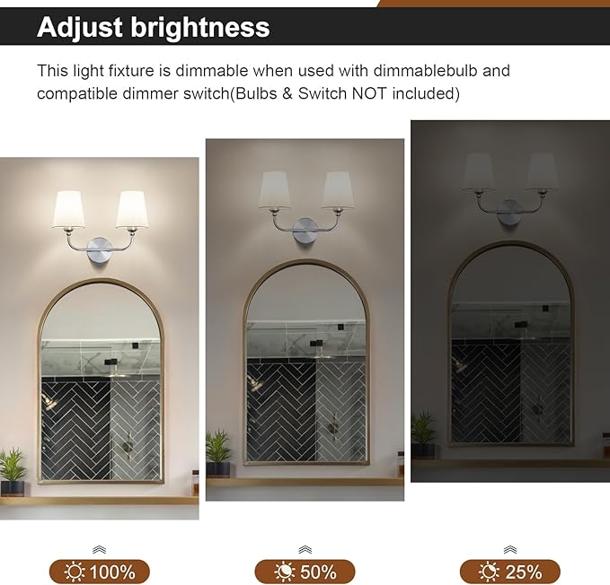Kvhilw Bathroom Vanity Light, Brushed Nickel Bathroom Light Fixtures, 2-Light Lighting Fixtures Over Miror, Modern Wall Sconce with Flared White Fabric Shade, E26 Socket(ETL Listed)