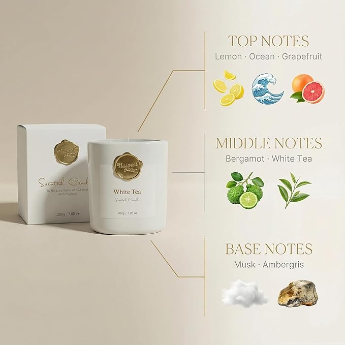 Scented Luxury Candle -Aromatherapy Soy Candles for Relaxation & Sleep - 7 oz - Hand-Cast - Comes with Pure Cotton Wick - Fine Ceramic - Ideal Gift for Both Men and Women. (White, whitetea)