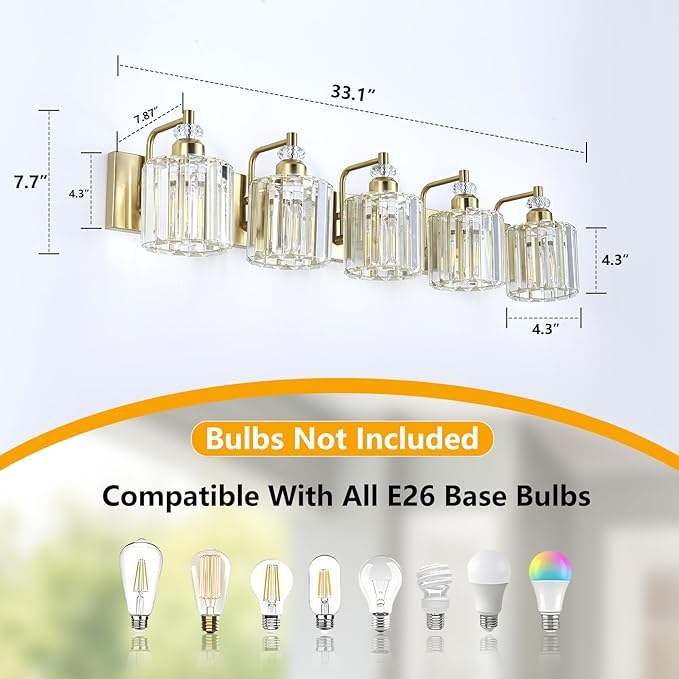 5-Light Modern Vanity Lights Brushed Brass Bathroom Light Fixtures Over Mirror Gold Bathroom Vanity Lighting with Crystal Shade E26 Base Wall Sconce for Bedroom Living Room Restroom Wall Lamp