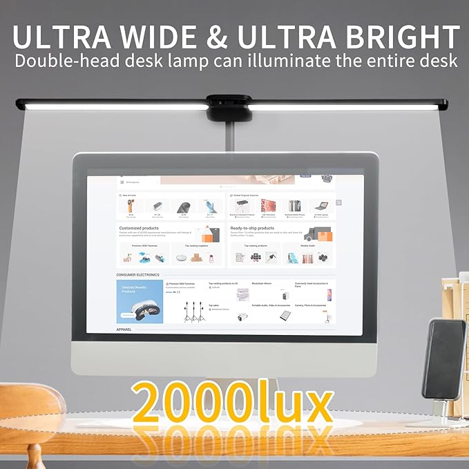 LED Desk Lamp with Two Heads, Clamp On Desk Lamps, 12W, 2000 LMS, CRI>90, 5 Color Modes (2700K-6500K), Various Brightness Levels, Adapter Included