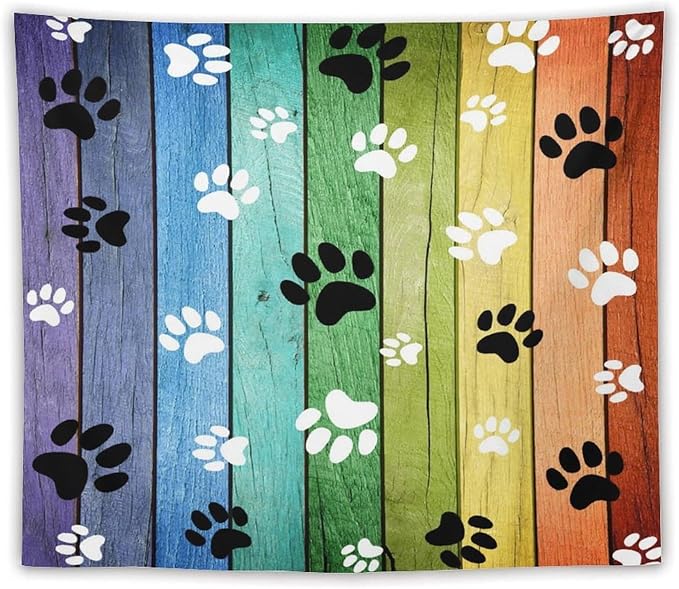 VUMIVI Dog Paw Tapestry Vintage Rustic Colorful Barn Boards Black White Animal Footprints Tapestry Wall Hanging for Living Room Bedroom Dorm Classroom Aesthetic Decor W60xL50in