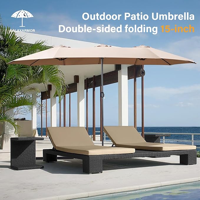 15ft Large Patio Umbrellas with Base Included, Outdoor Double-Sided Rectangle Market Umbrella with Stand, Outside Umbrellas for Poolside Lawn Backyard