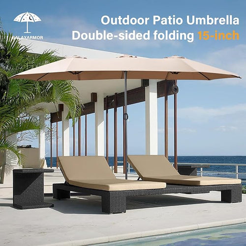 15ft Large Patio Umbrellas with Base Included, Outdoor Double-Sided Rectangle Market Umbrella with Stand, Outside Umbrellas for Poolside Lawn Backyard