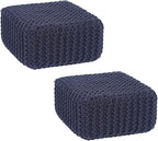 REDEARTH · Cube Low Pouf Foot Stool Ottoman - Hand Knitted Poof - Cord Boho Pouffe - Home Décor - Stuffed Footrest for Living Room - Nursery - Bedroom - Patio (16" x 16" x 8") - Navy Blue, Set of 2