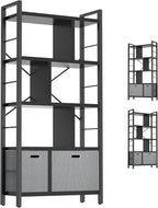 Armocity Bookshelf with Drawers - 5 Tier Tall Bookcase Geometric Modern Book Shelf Display Standing Bookshelves with Storage for Living Room, Bedroom Home Office, Black