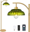 Green Floor Lamp for Living Room, Mid Century Modern Standing Lamp with Lamp Shade, Dimmable Tall Floor Lamps with Remote, Glass Vintage Tall Pole Lamp for Bedroom Office, 12W Bulb Included
