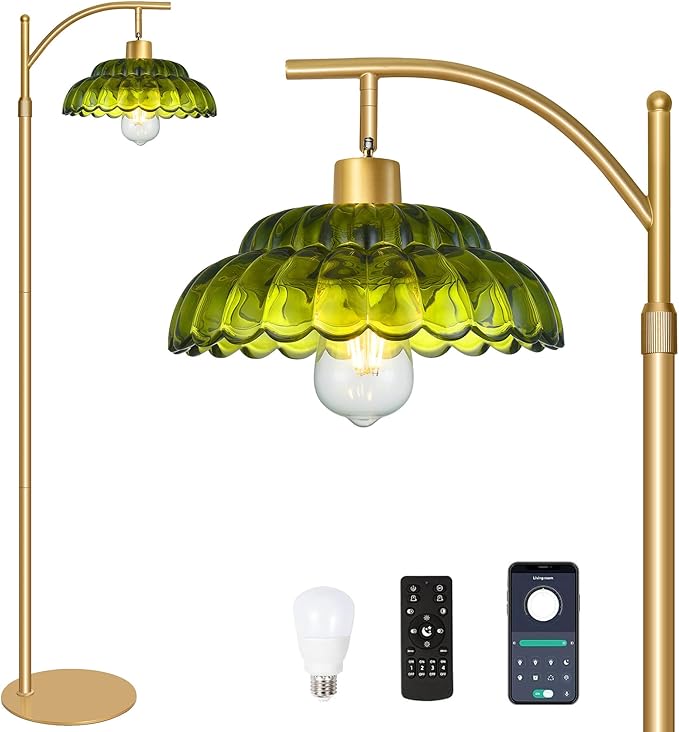 Green Floor Lamp for Living Room, Mid Century Modern Standing Lamp with Lamp Shade, Dimmable Tall Floor Lamps with Remote, Glass Vintage Tall Pole Lamp for Bedroom Office, 12W Bulb Included