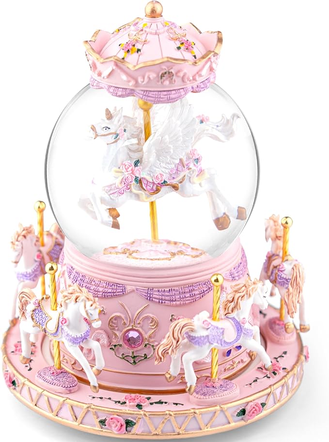 Music Box Unicorn Carousel Horses Snow Globe Gifts, Birthday Gift for Daughter Girls Women, Musical Carousel for Wife Friend Sister Anniversary Christmas Play You are My Sunshine