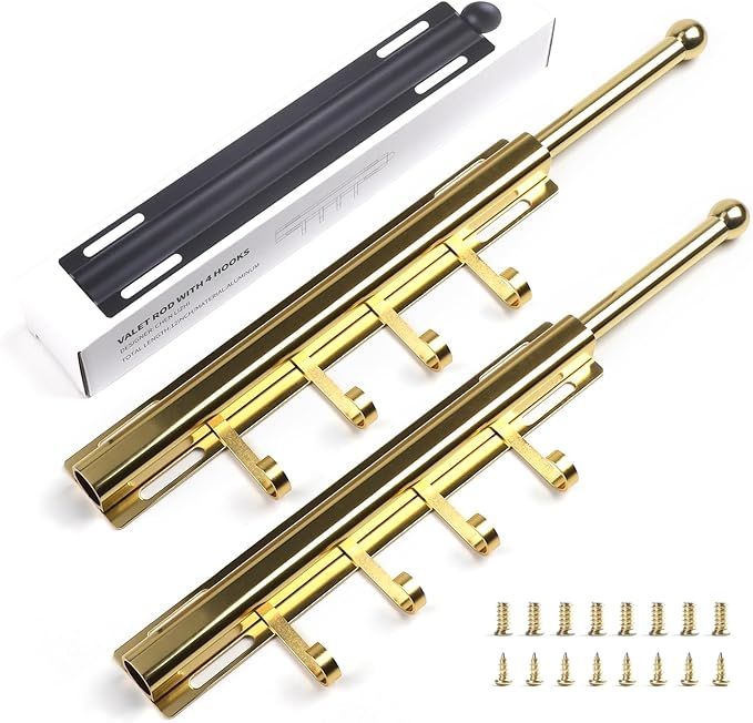 12" Valet Rod for Closet Pull Out With 4 Hooks Valet Rods for Closets (2Pack Gold) Closet Valet Rod Slide Out