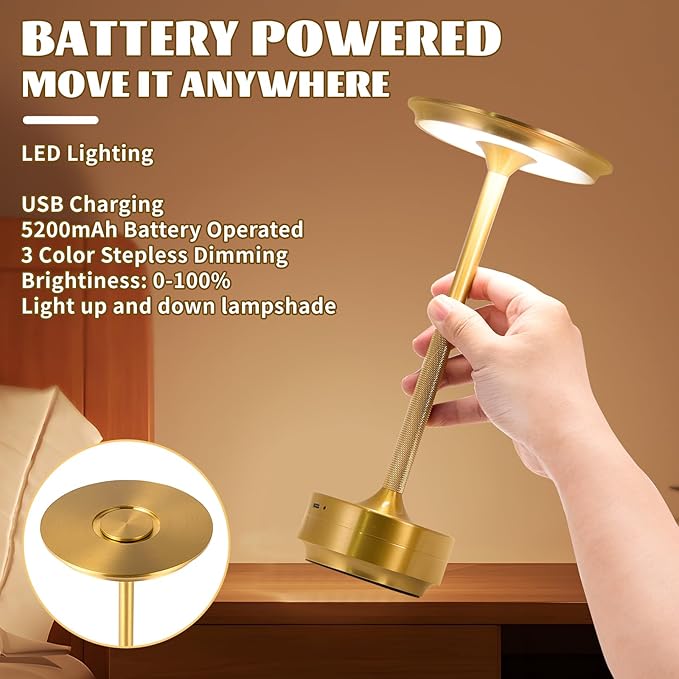 Rechargeable Cordless LED Table Lamps Touch Sensor Light, 3-Levels Portable Dimming Wireless Battery Operated Lamp，Nightstand Lamp/Night Light/Restaurant Table/Outdoor/Coffee/Bar (Gold)