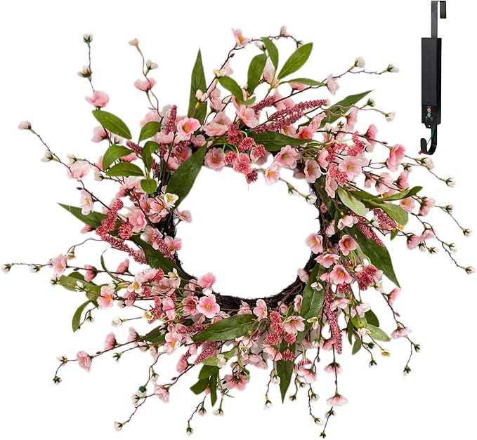 Solar Spring Wreath for Front Door Pre-lit 24inch 50LED Wreaths Spring Decorations for Home Outside Aftificial Pink Flower Wreaths Summer Decor Wreath for Wall Festival Decor(2402)