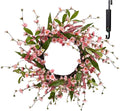 Solar Spring Wreath for Front Door Pre-lit 24inch 50LED Wreaths Spring Decorations for Home Outside Aftificial Pink Flower Wreaths Summer Decor Wreath for Wall Festival Decor(2402)
