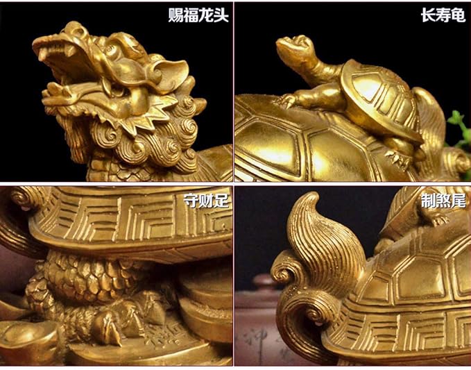 Amperer Feng Shui Brass Dragon Turtle Statue Wealth Prosperity Sculpture with Set of 5 Lucky Charm Ancient Coins on Red String Best Housewarming Congratulatory Gift Home Decor (C2 Dragon Turtle)