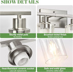 4-Light Bathroom Light Fixtures, Vanity Light with Clear Glass Shades, Brushed Nickel Bathroom Light Fixtures Over Mirror, Modern Bathroom Wall Lamp for Mirror Living Room Cabinet Bedroom