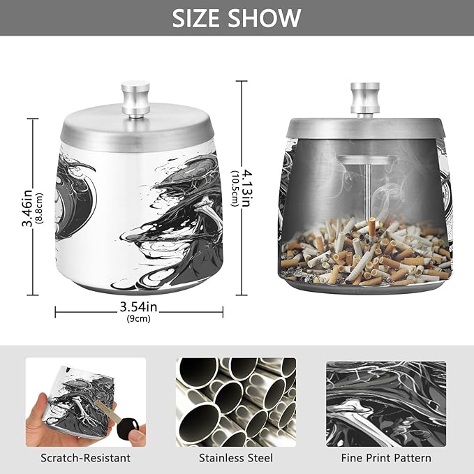 Black Death Ashtray with Lid, Outdoor Ashtrays for Patio, Stainless Steel Ashtray Odorless Smokeless for Home Office Balcony