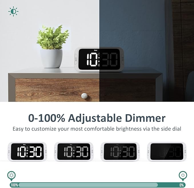 Digital Dual Alarm Clock for Bedroom, Easy to Set, 0-100% Dimmer, USB Charger, 5 Sound Adjustable Volume, Weekday/Weekend Mode, Snooze, 12/24Hr, Battery Backup, Compact Clock for Bedside(White)