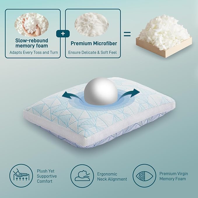 Shredded Memory Foam Cooling Soft Bamboo Viscose Pillow Adjustable Hypoallergenic Hotel Quality Pillow for Stomach, Back or Side Sleeper, Oeko-TEX Certified Queen Size