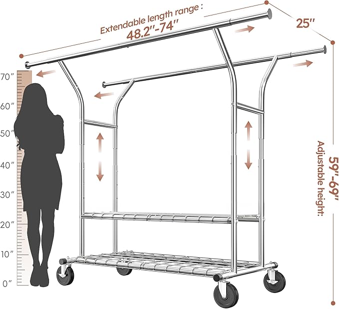Raybee 74" W Heavy Duty Clothes Rack, Double Rods Clothing Rack Load 630 LBS, Rolling Clothes Racks for Hanging Clothes 400+, Garment Rack for Bedroom, Laundry Room, Retail Store