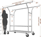 Raybee 74" W Heavy Duty Clothes Rack, Double Rods Clothing Rack Load 630 LBS, Rolling Clothes Racks for Hanging Clothes 400+, Garment Rack for Bedroom, Laundry Room, Retail Store