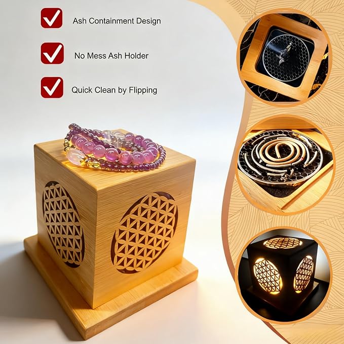 3-in-1 Bamboo Hollow-Out Square Incense Burner & Holder, Type-C Charging Ambient Night Light & Decor - Stylish Stick Incense Holder for Sage, Cones & Sticks, Zen Gift (Floral Pattern)