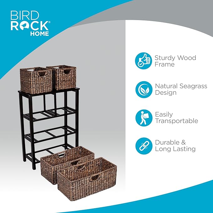 BIRDROCK Home Seagrass Cubby Dresser | 4 Drawer Bins | Decorative Wood Storage Cubbies Shelf Organizer | Industrial Furniture Chest Basket | Espresso