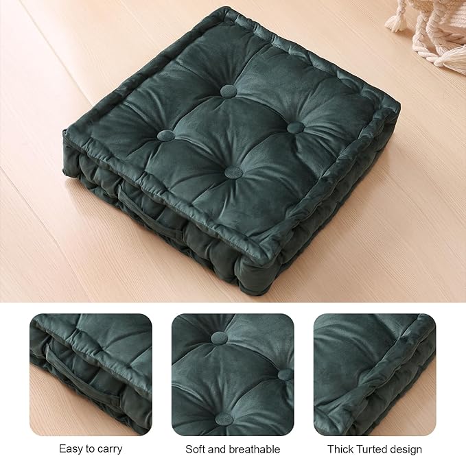 Square Floor Pillows, Large Floor Cushion for Adults Kids, Meditation Floor Pillow Seating Cushion with Shredded Memory Foam and Silk Wadding, 20"x20"x5" (Dark Green, 2 Pack)