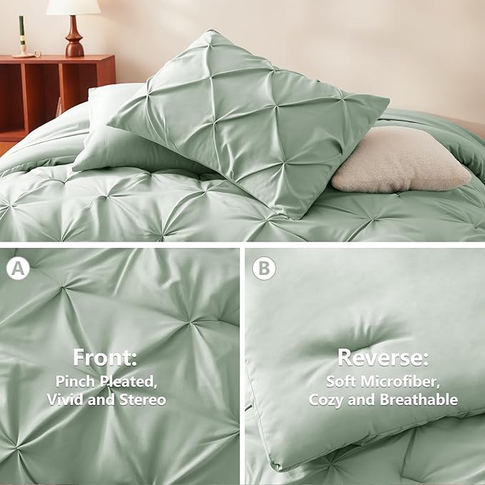 CozyLux Full Size Comforter Sets Sage Green, 7 Pieces Pintuck Bed in A Bag Green Comforter Full Size, Pinch Pleat Bedding Sets with All Season Comforter, Sheets, Pillowcases & Shams