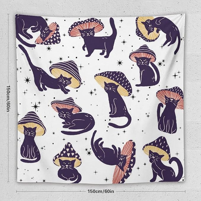 VUMIVI Funny Cat Mushroom Tapestry Retro 70s Hippie Style Cute Black Kitten Star Aesthetic Art Print Tapestry Wall Hanging for Living Room Bedroom Dorm Classroom Aesthetic Decor W60xL60in