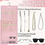 GMAK Hanging Jewelry Organizer with Hanger Metal Hooks, Double-Sided Jewelry Holder Accessories Organizer Storage Roll for Jewelry, Earrings, Bracelets, Necklaces, Rings - Pink