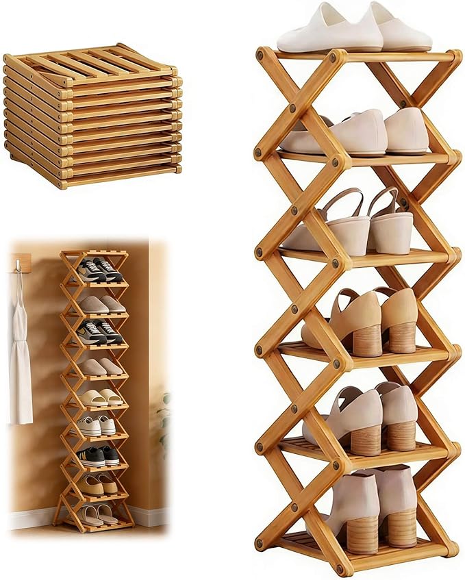 9 Tier Bamboo Shoe Rack, Heavy Duty Foldable Shelf Needing No Setup | Versatile Space-Saving & Sturdy Collapsible Bamboo Shoe Rack Organizer for Closet, Entryway, Over-Door, Dorm or Bedroom Use