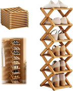 9 Tier Bamboo Shoe Rack, Heavy Duty Foldable Shelf Needing No Setup | Versatile Space-Saving & Sturdy Collapsible Bamboo Shoe Rack Organizer for Closet, Entryway, Over-Door, Dorm or Bedroom Use