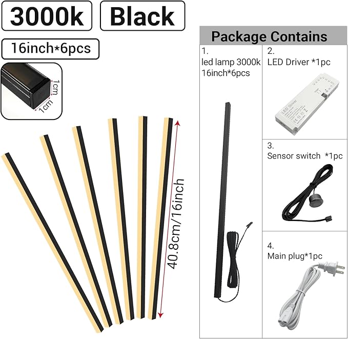 HAMRVL Black LED Recessed Lighting Kit - 6 PCS 16-Inch 3000k Dimmable Warm White LED Lights with Touch Switch, Wall Panel Light for Wood Slat Wall Panels, Headboards, Stairs, Under Cabinet, Home Decor