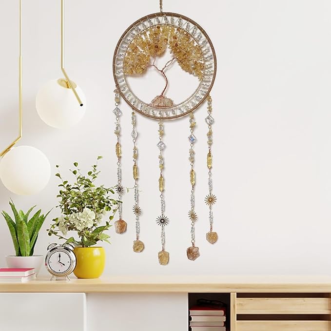 Crystal Tree of Life Dream Catchers with Stone Pendant Yellow Dream Catcher Wall Decor Handmade Dreamcatcher Wall Hanging Ornament for Bedroom Living Room Home Decor