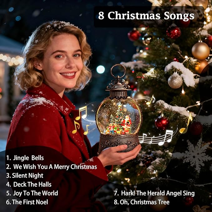 Christmas Snow Globe Lantern,Christmas Lantern with 8 Christmas Theme Music,Christma Snow Globe Gifts Water Glittering Swirling Christma Home Decoration