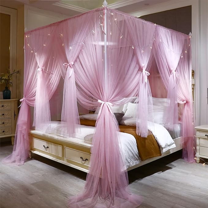 VETHIN 4 Corners Post Princess Bed Canopy Curtain Double Layer Cozy Drape Netting 4 Opening Mosquito Net for Girls & Adults Bedroom Decoration Accessories (Double Pink, 47" W*78" L*82"*H/Twin)
