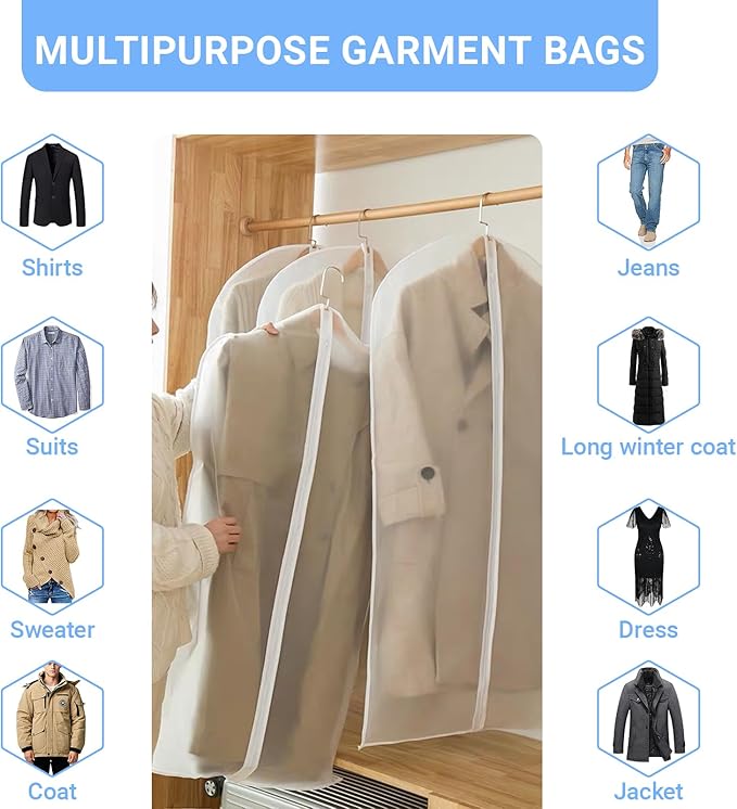 Garment Bag Covers (24''X55'' Set of 12) Lightweight White PEVA Breathable Bags with Study Full Zipper for Coat Protector Travel Laundry Wardrobe Closet