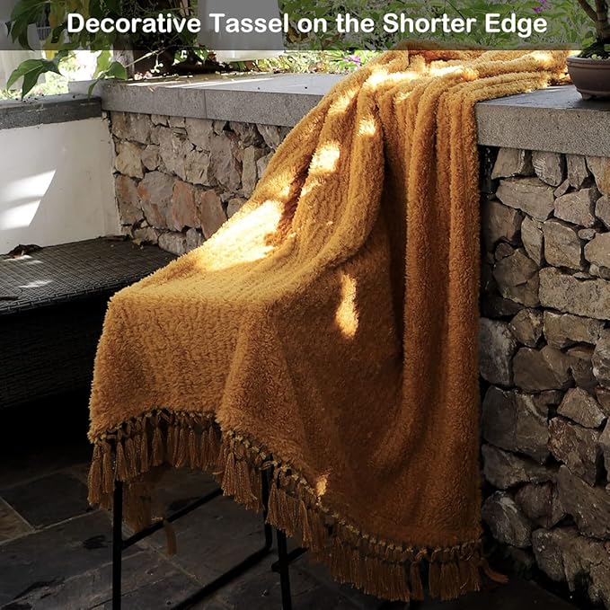 Ultra Soft Cozy Sherpa Throw Blanket, Light Weight Warm Decorative Throw Blanket with Tassel, Mustand Yellow Pattern Reversible Boho Style Blanket for Sofa, Couch, Bedroom,Travel, 60”x80”