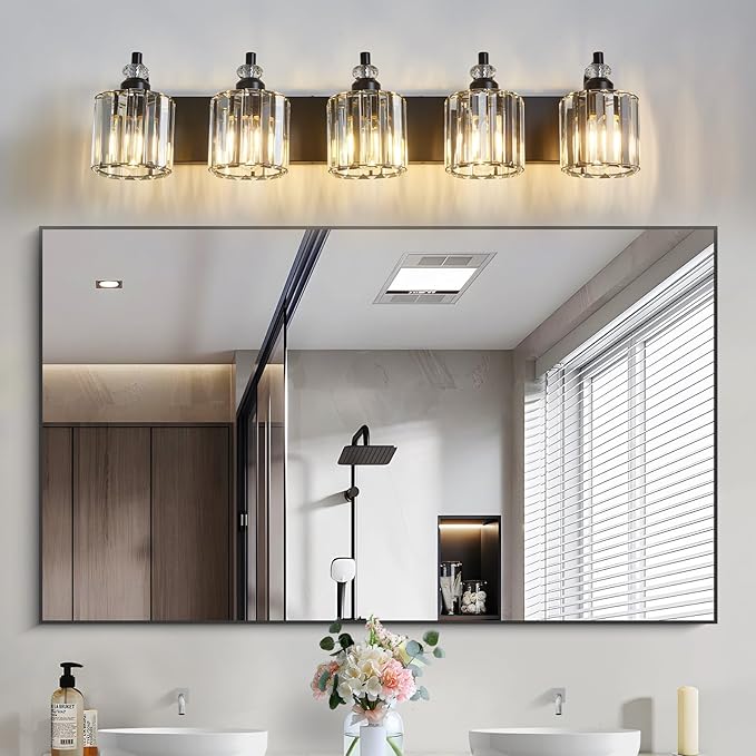 5-Light Black Bathroom Light Fixtures Over Mirror Modern Vanity Lights Crystal Wall Sconce Vintage Bathroom Lighting with Crystal Shade E26 Base for Bedroom, Living Room, Hallway